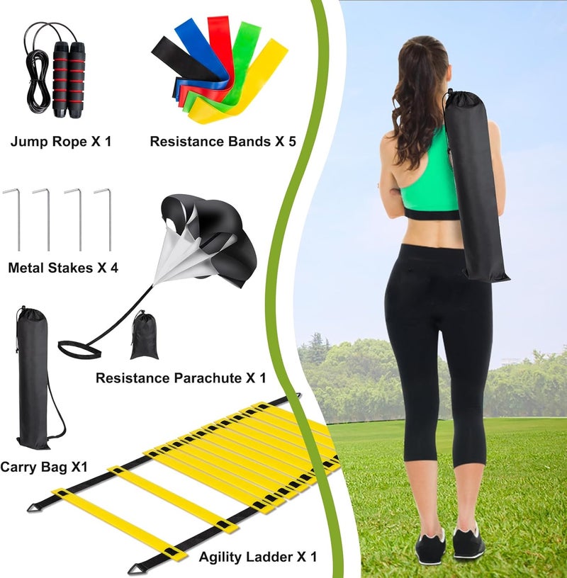 MIVERYEA Soccer Training Equipment Set, 20 Feet 12 Rungs Pro Speed & Agility Ladder, Resistance Parachute, Jump Rope, 5 Resistance Bands with Carrying Bag - Image 2